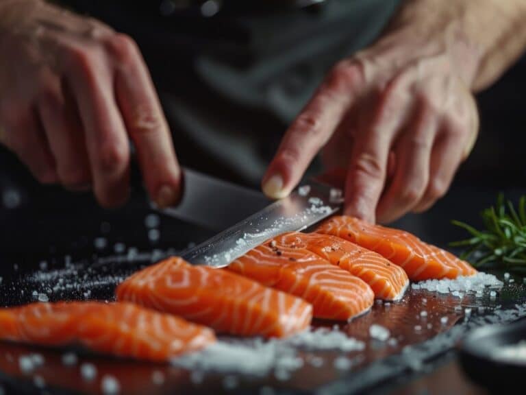 chef taglia salmone con coltello